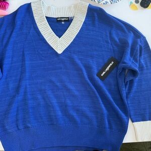 Karl Lagerfeld Blue V-Neck Sweater with Cream Trim